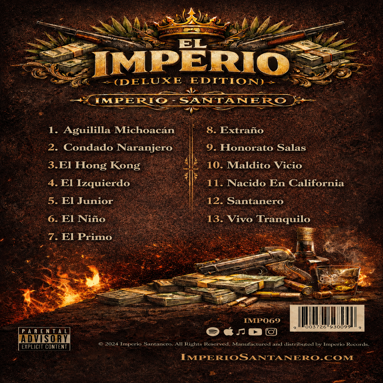 El Imperio Deluxe Edition album tracklist by Imperio Santanero featuring corridos tracks including Aguililla Michoacán, El Hong Kong, Extraño, and Nacido En California with gold luxury artwork, cash, rifles, whiskey, and dark western corridos aesthetic.