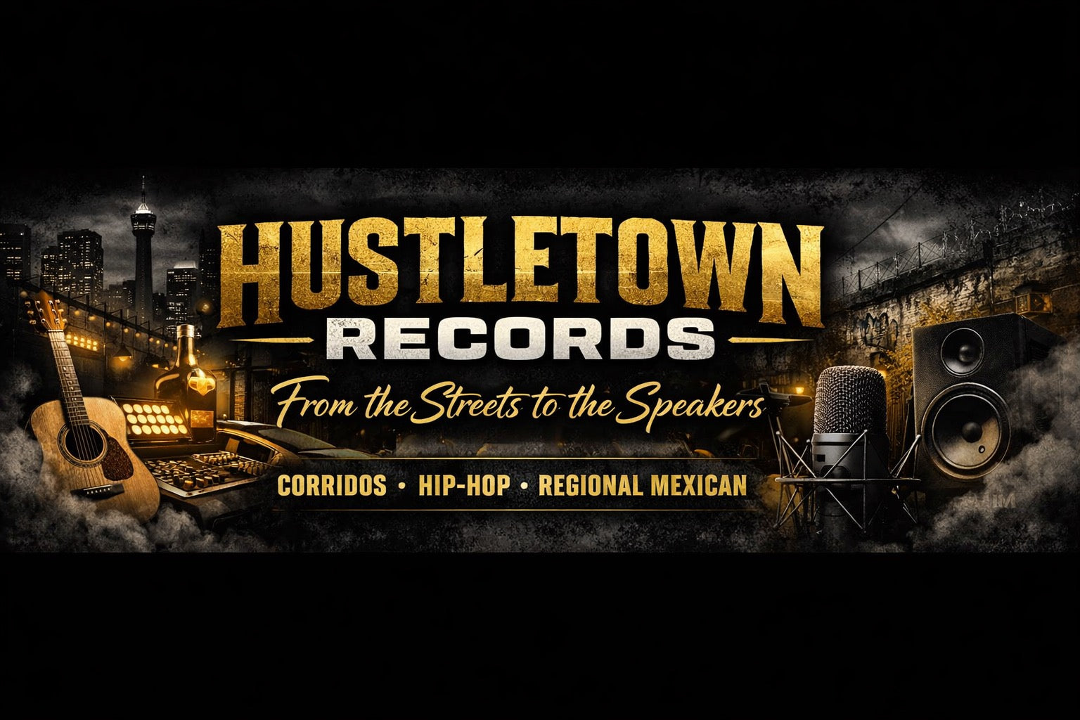 Hustletown Records banner featuring corridos, hip-hop, and regional Mexican music with studio microphone, speakers, guitar, and urban city background.