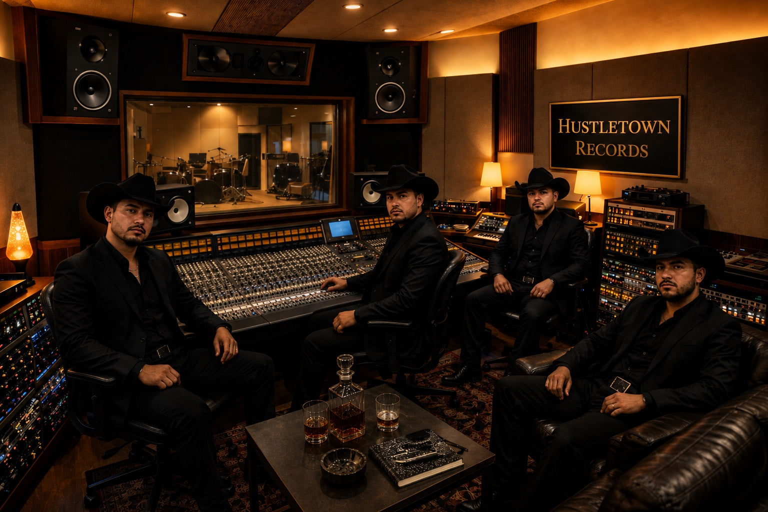Members of Imperio Santanero dressed in black cowboy hats and suits inside a professional recording studio by Hustletown Records producing corridos and regional Mexican music.